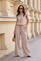 Beige Linen Blend Wide Leg Trousers Elegant Matching Set