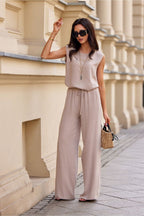 Beige Linen Blend Wide Leg Trousers Elegant Matching Set