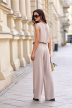 Beige Linen Blend Wide Leg Trousers Elegant Matching Set