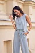 Stone Blue Linen Sleeveless Blouse Summer Collection Top