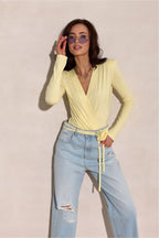 Butter Yellow Wrap Bodysuit with Floral Choker