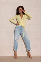 Butter Yellow Wrap Bodysuit with Floral Choker