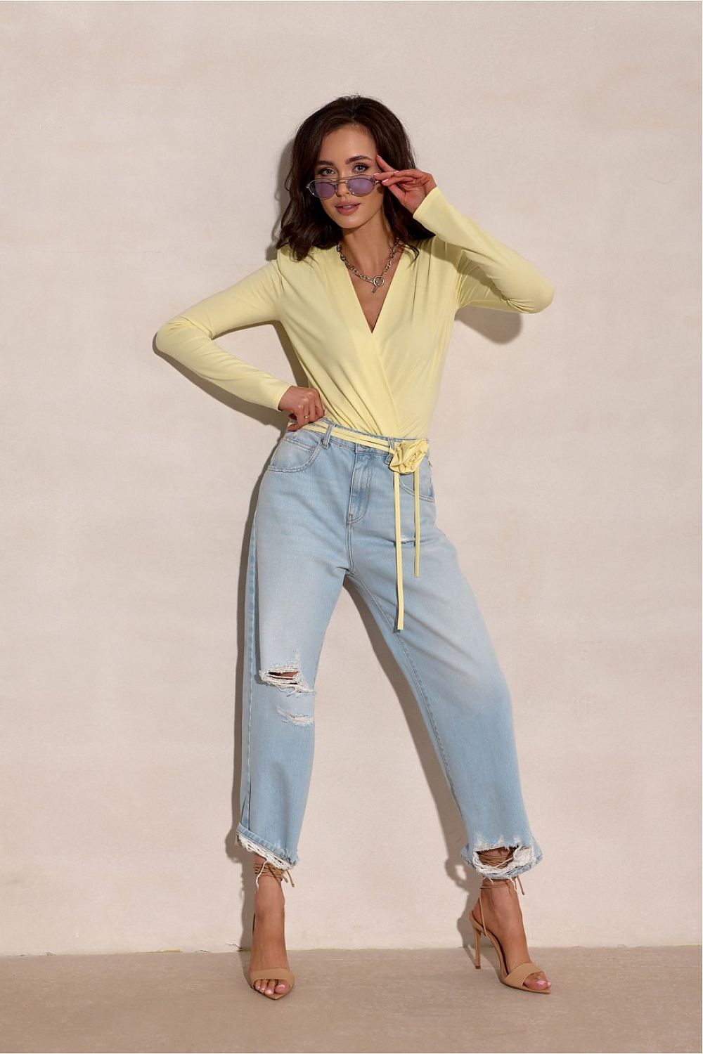 Butter Yellow Wrap Bodysuit with Floral Choker