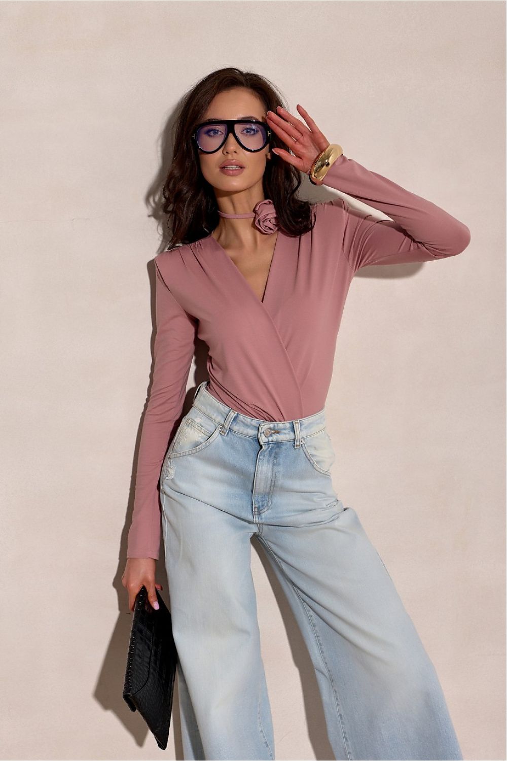 Dusty Rose Wrap Bodysuit with Floral Choker