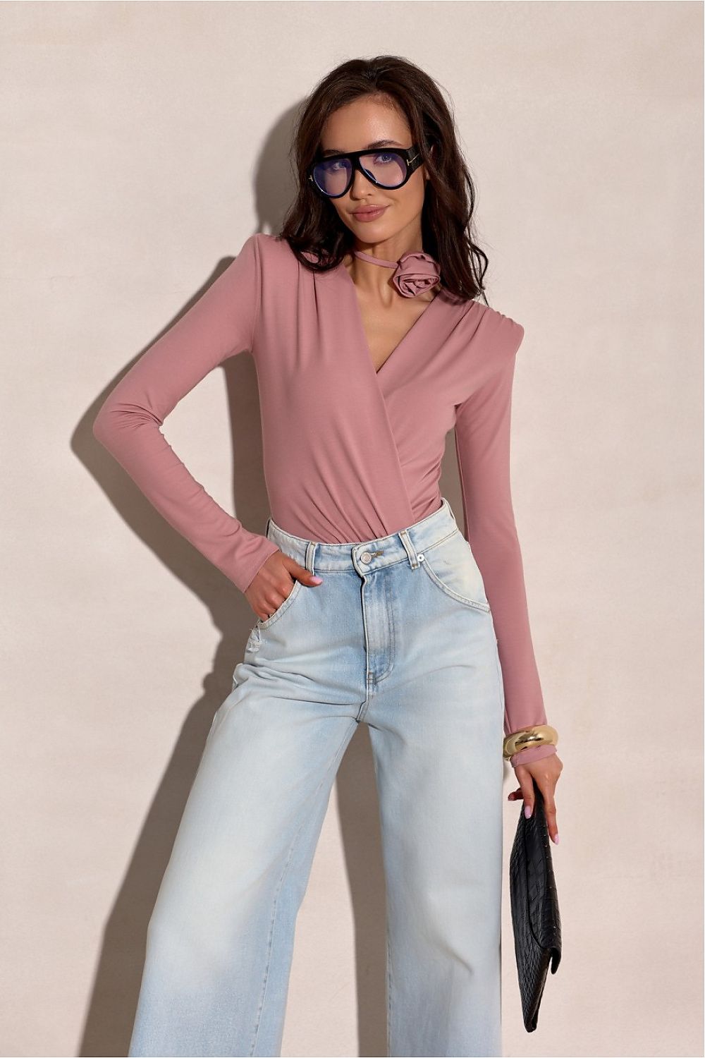 Dusty Rose Wrap Bodysuit with Floral Choker