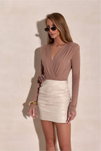 Mocha Wrap Bodysuit with Floral Waist Detail