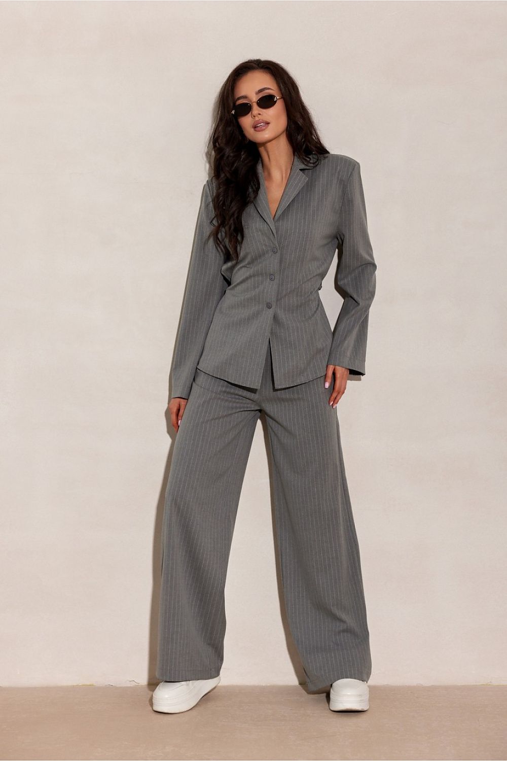 Grey Pinstripe Wide-Leg Trousers