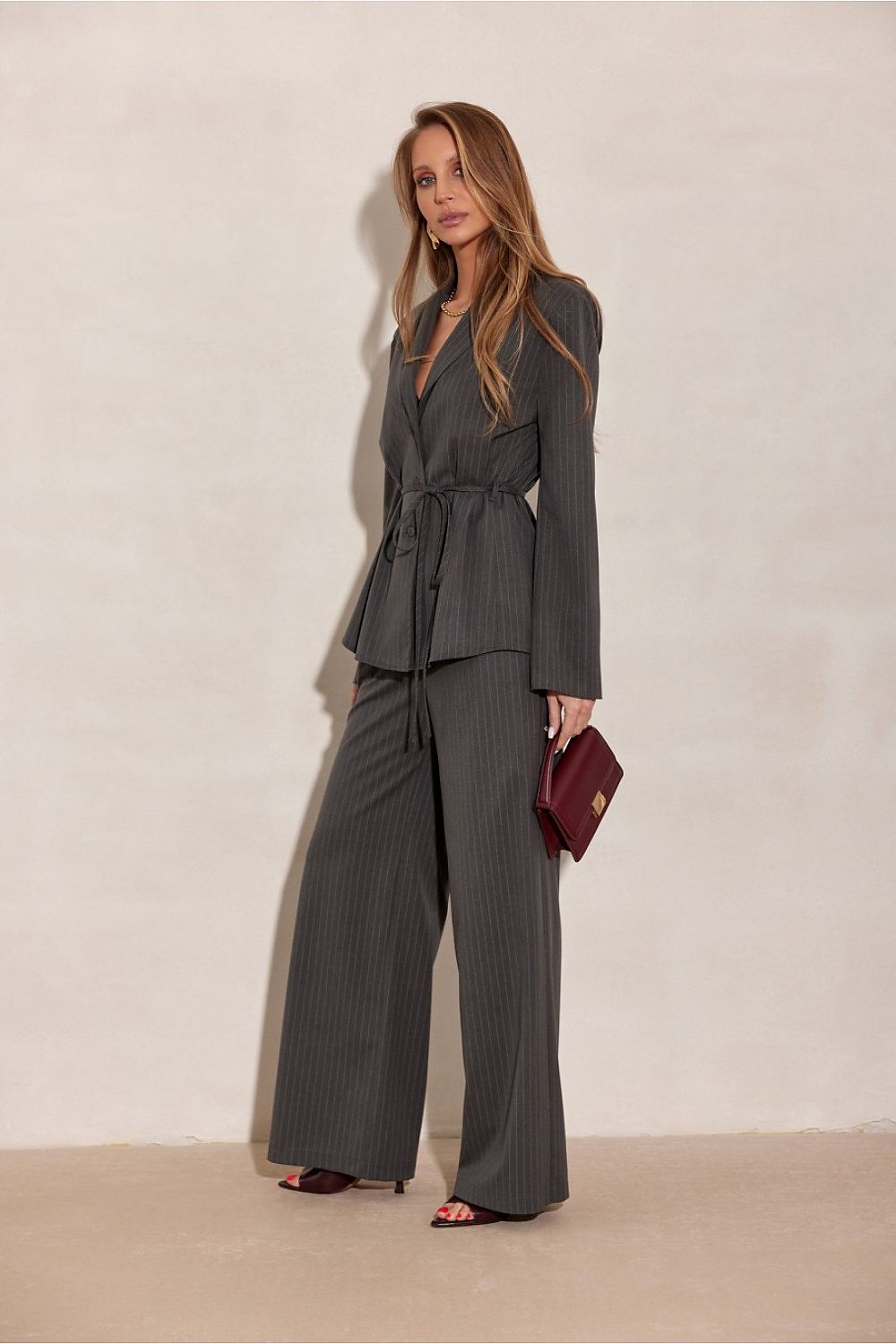 Dark Pinstripe Wide-Leg Trousers