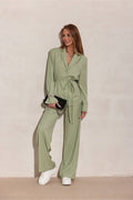 Sage Green Pinstripe Wide-Leg Trousers 