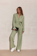 Sage Green Pinstripe Wide-Leg Trousers 