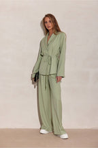 Sage Green Pinstripe Wide-Leg Trousers 
