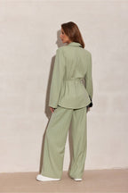 Sage Green Pinstripe Wide-Leg Trousers 