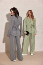 Sage Green Pinstripe Wide-Leg Trousers 