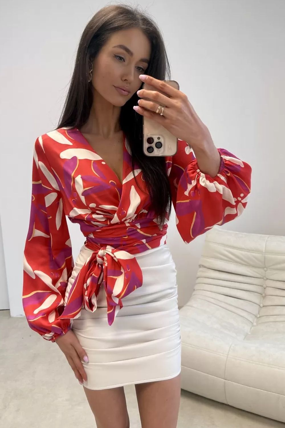 Wrap Blouse with Waist Tie  Long Sleeve Top