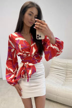 Wrap Blouse with Waist Tie  Long Sleeve Top